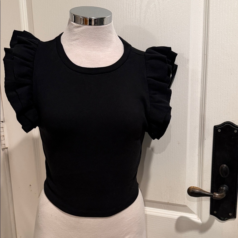 Zara Black Ruffle Shoulder Crop Top